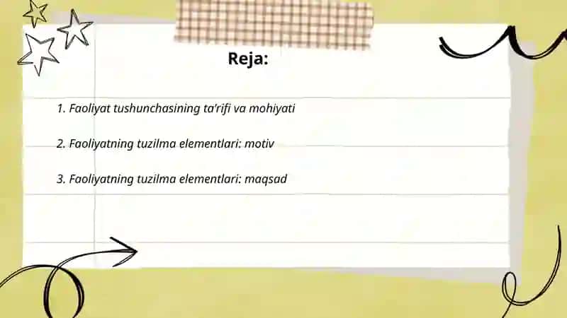 Faoliyat tushunchasi, uning tuzilmas (motiv, maqsad, harakat, natija) va asosiy turlari (o'yin, o'qish, mehnat, ijodiy faoliyat) haqida 2