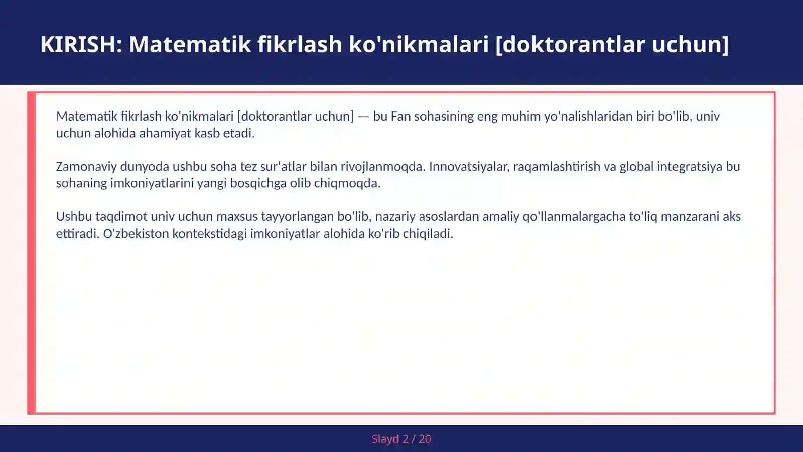 Matematik fikrlash ko'nikmalari [doktorantlar uchun] 2