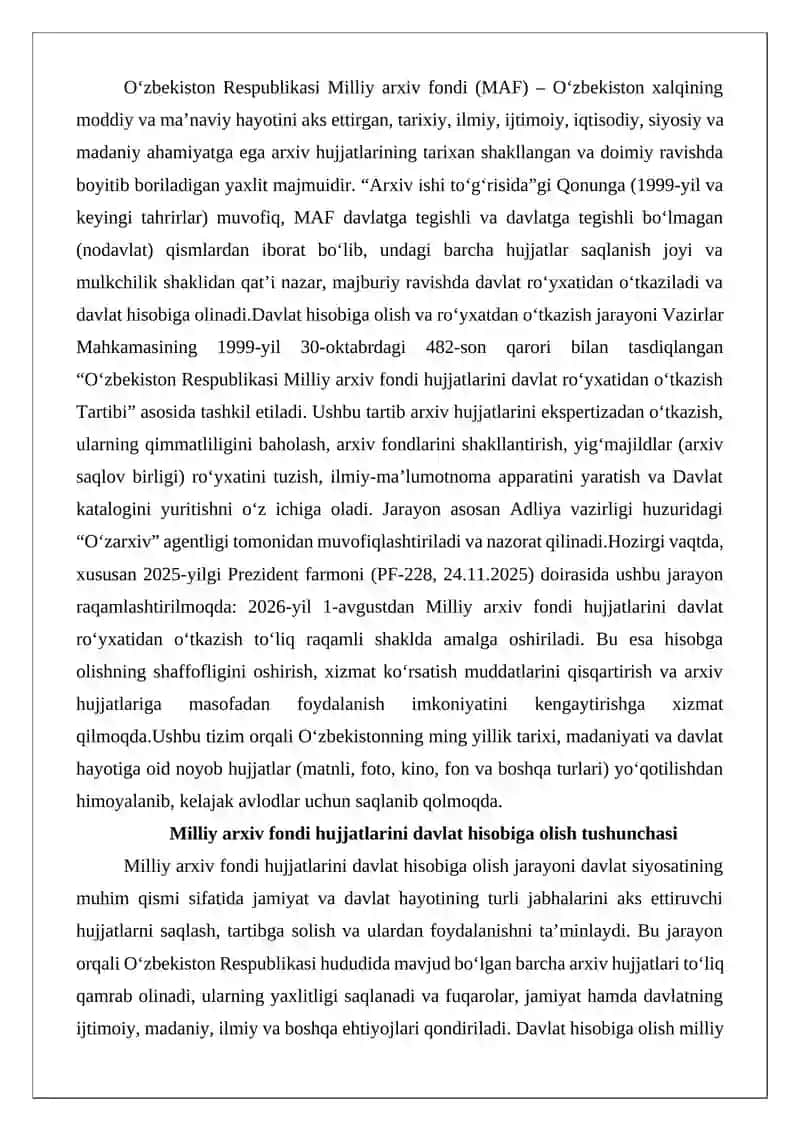 O‘zbekiston Respublikasi Milliy arxiv fondi hujjatlarini davlat hisobiga olish va ro‘yxatdan o‘tkazish 2