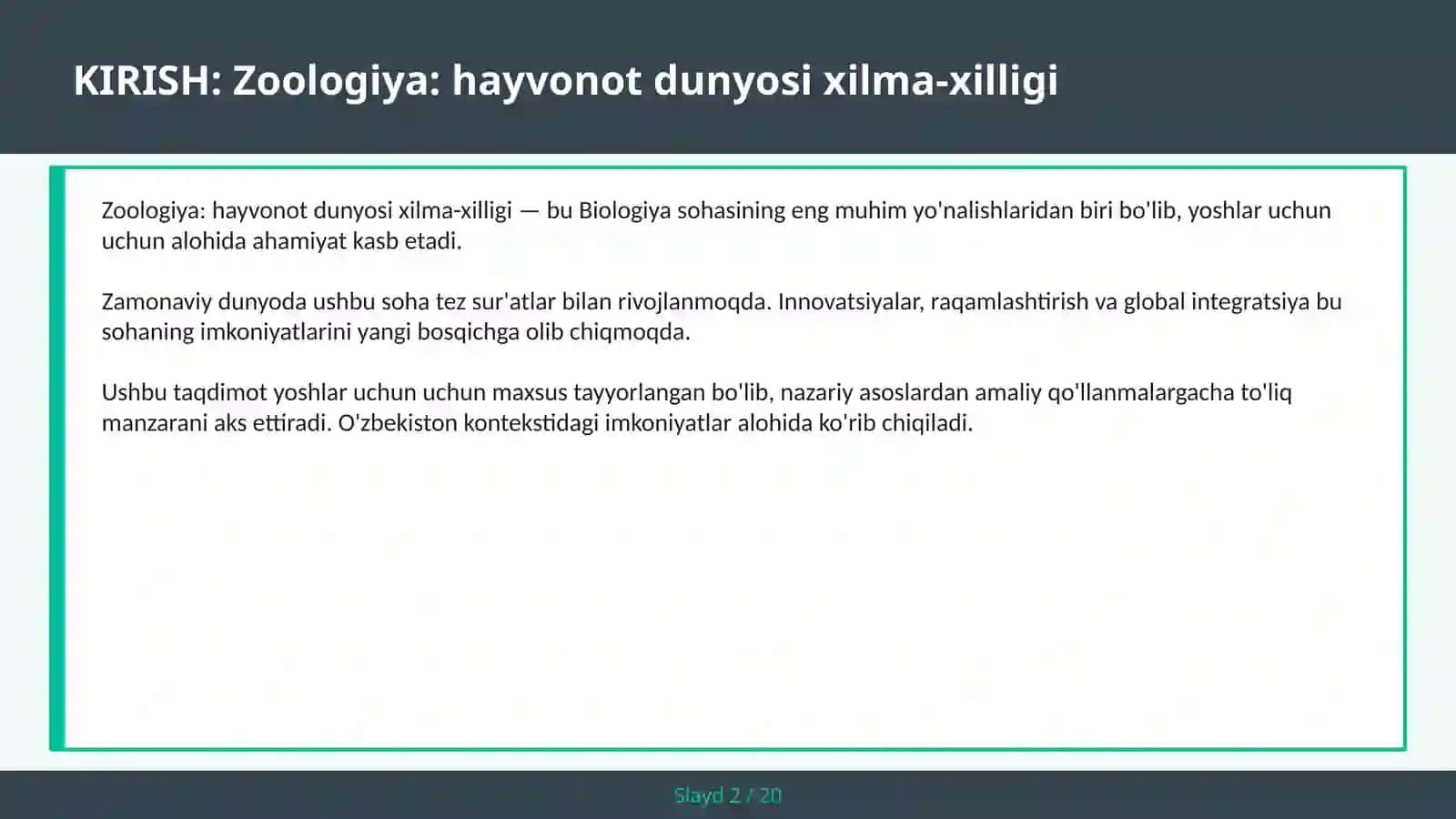 Zoologiya: Hayvonot Dunyosi Xilma-Xilligi 2