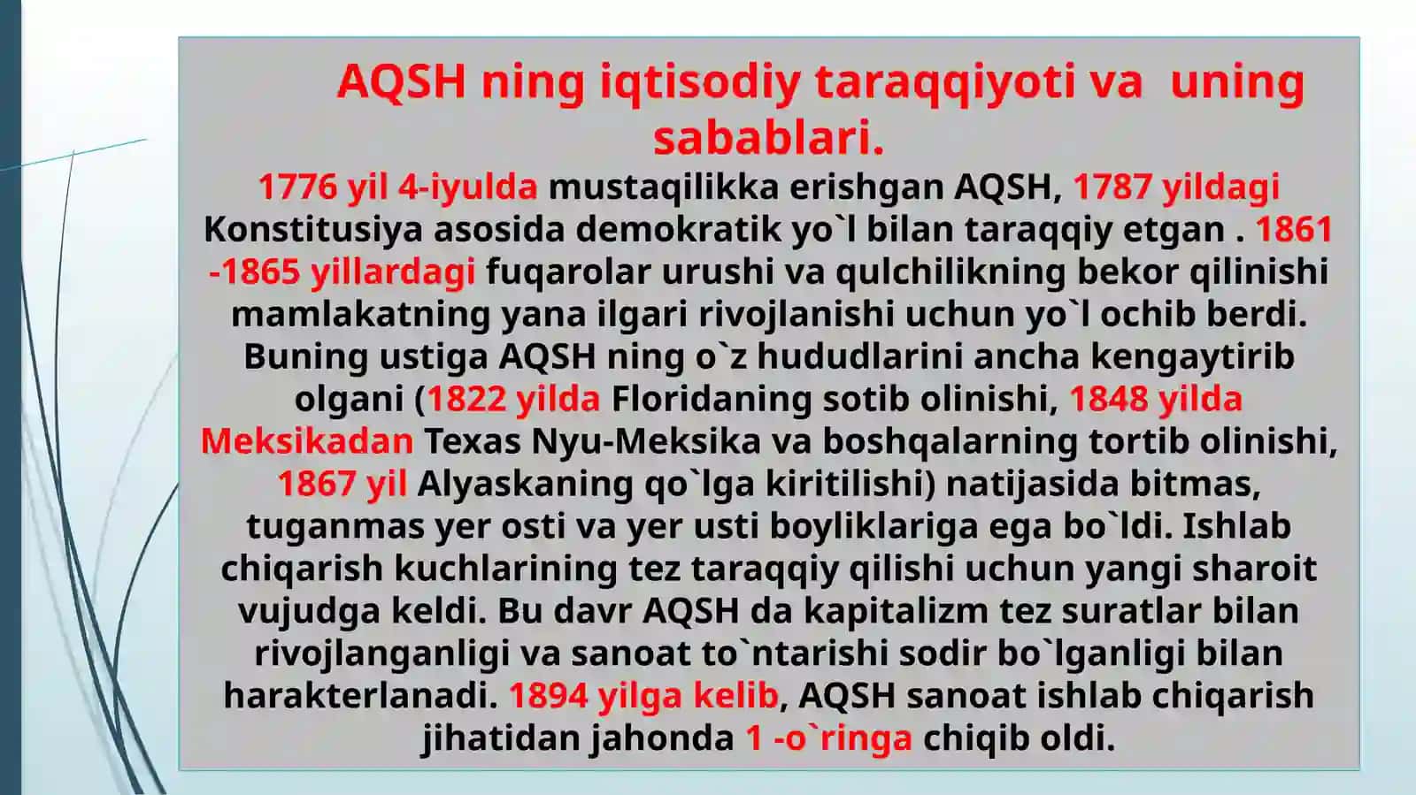 1870-1914 YILLARDA AQSH.ХХASR BOSHLARIDA AQSH IQTISODINING RIVOJLANISHI 2