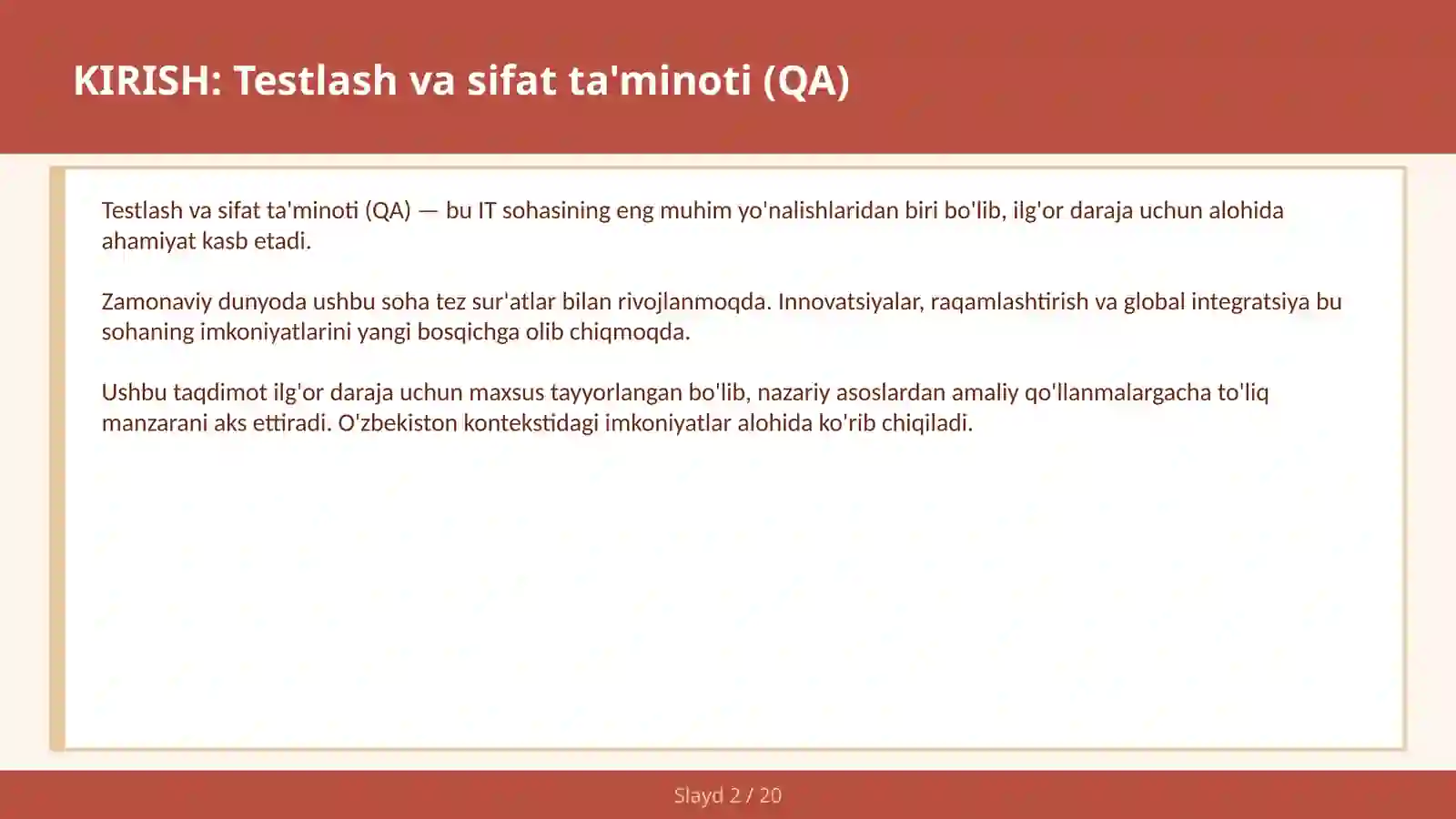 Testlash va sifat ta'minoti (QA) 2