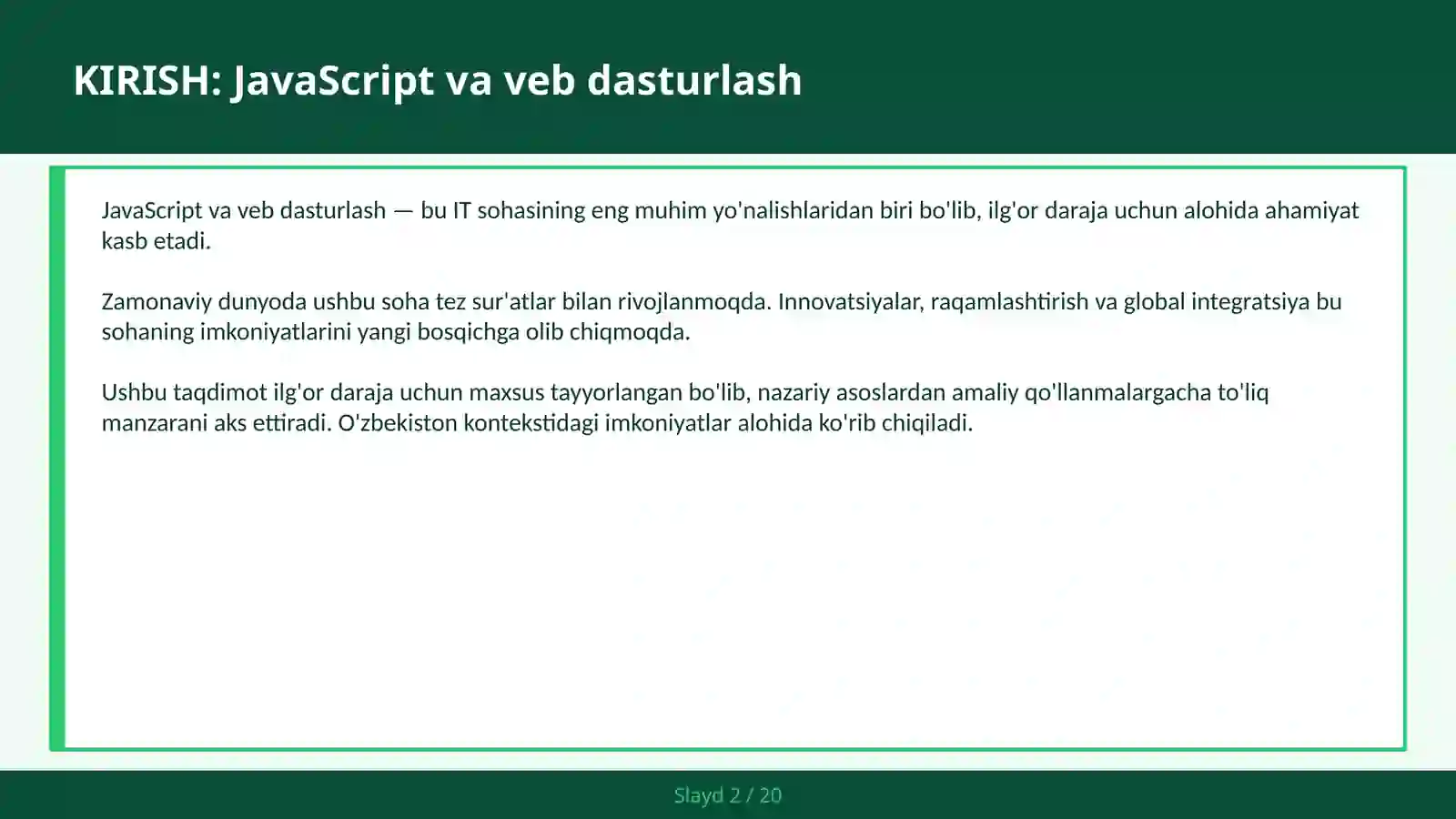 JavaScript VA VEB DASTURLASH (DOM, ES6+ va asinxron dasturlash) 2