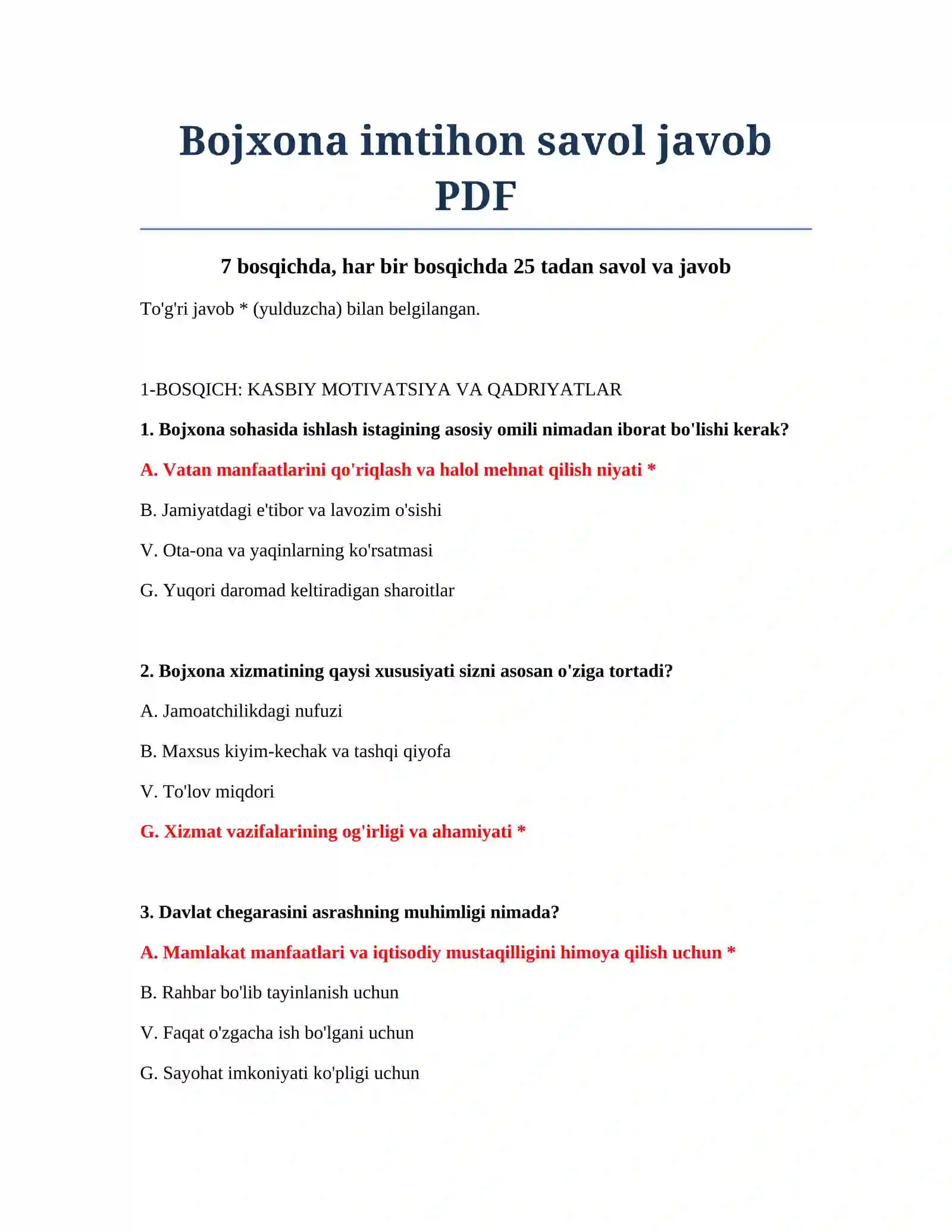 Bojxona imtihon savol javob PDF 2