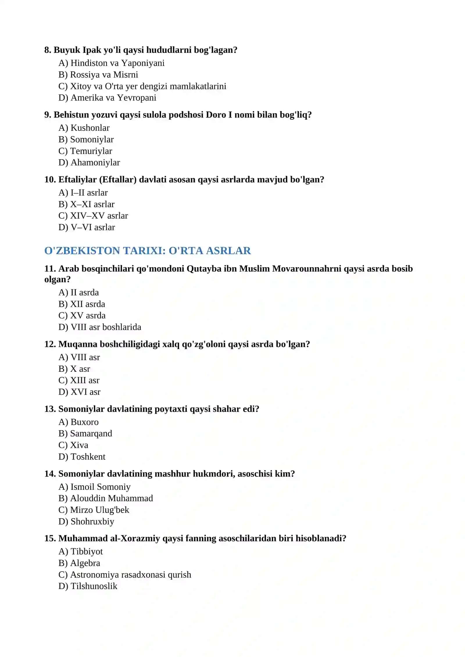 TARIXDAN TEST SAVOLLARI 2