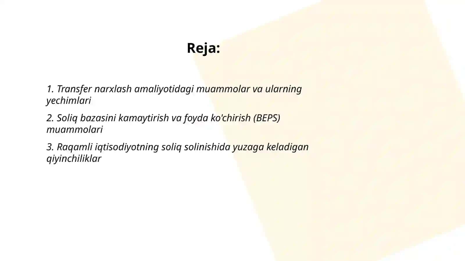 Xalqaro soliq solish amaliyotida paydo boʻlayotgan muammolar va ularning yechimlari 2