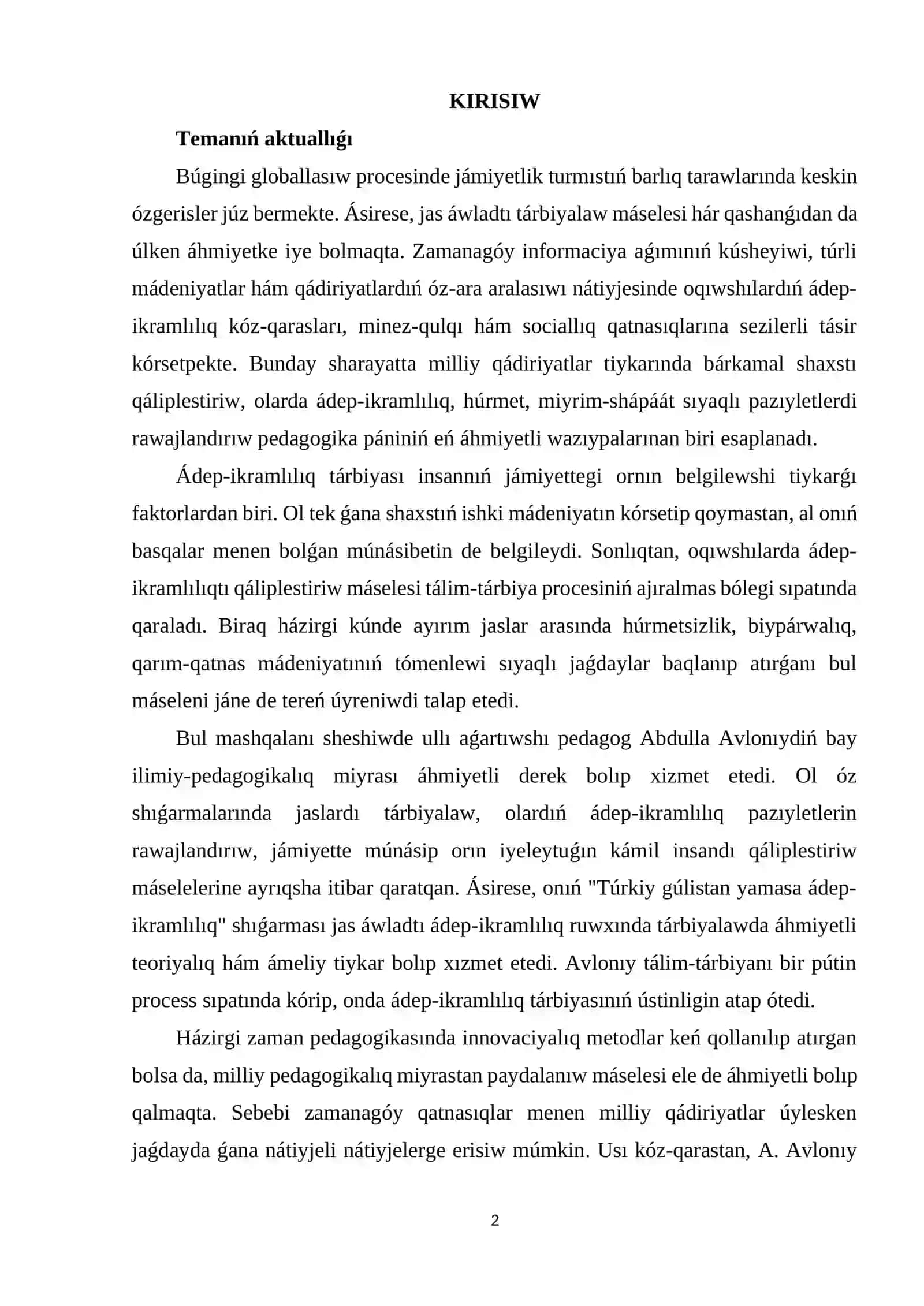 A. AVLONIY MIYRASINIŃ PEDAGOGIKALIQ TIYKARLARI HÁM ÁHMIYETI 2