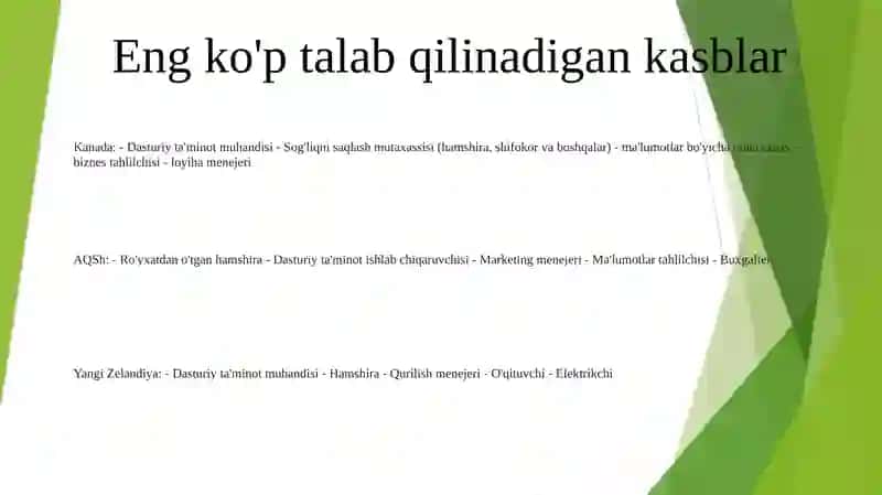 Canada, Usa, New Zealand, Uk, Australiadagi Kasblar Va Ishlar Sabohat 2
