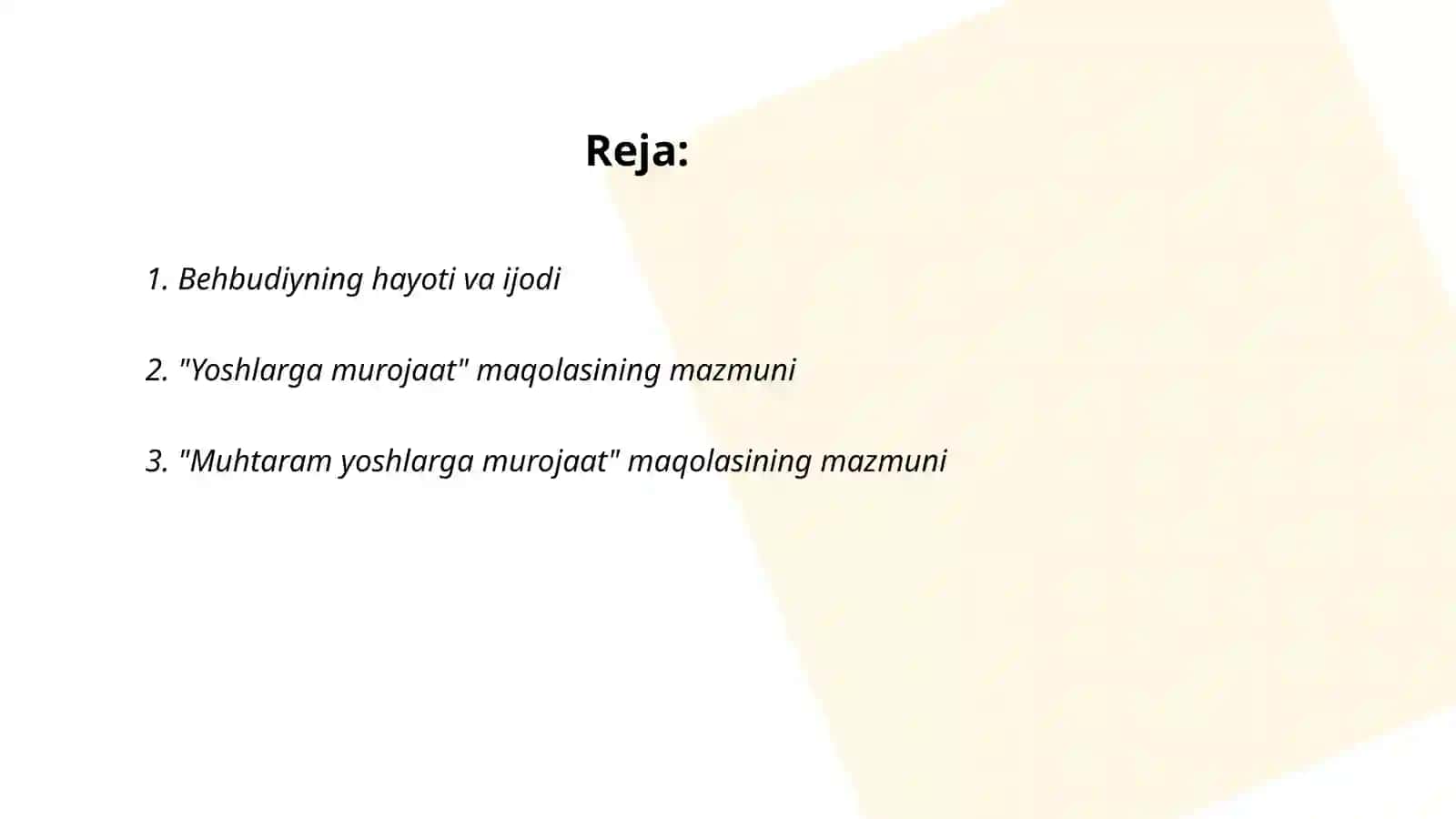 M.Behbudiyning “Yoshlarga murojaat” va “Muhtaram yoshlarga murojaat” maqolalarini tahlil etish va taqdimot tayyorlash 2
