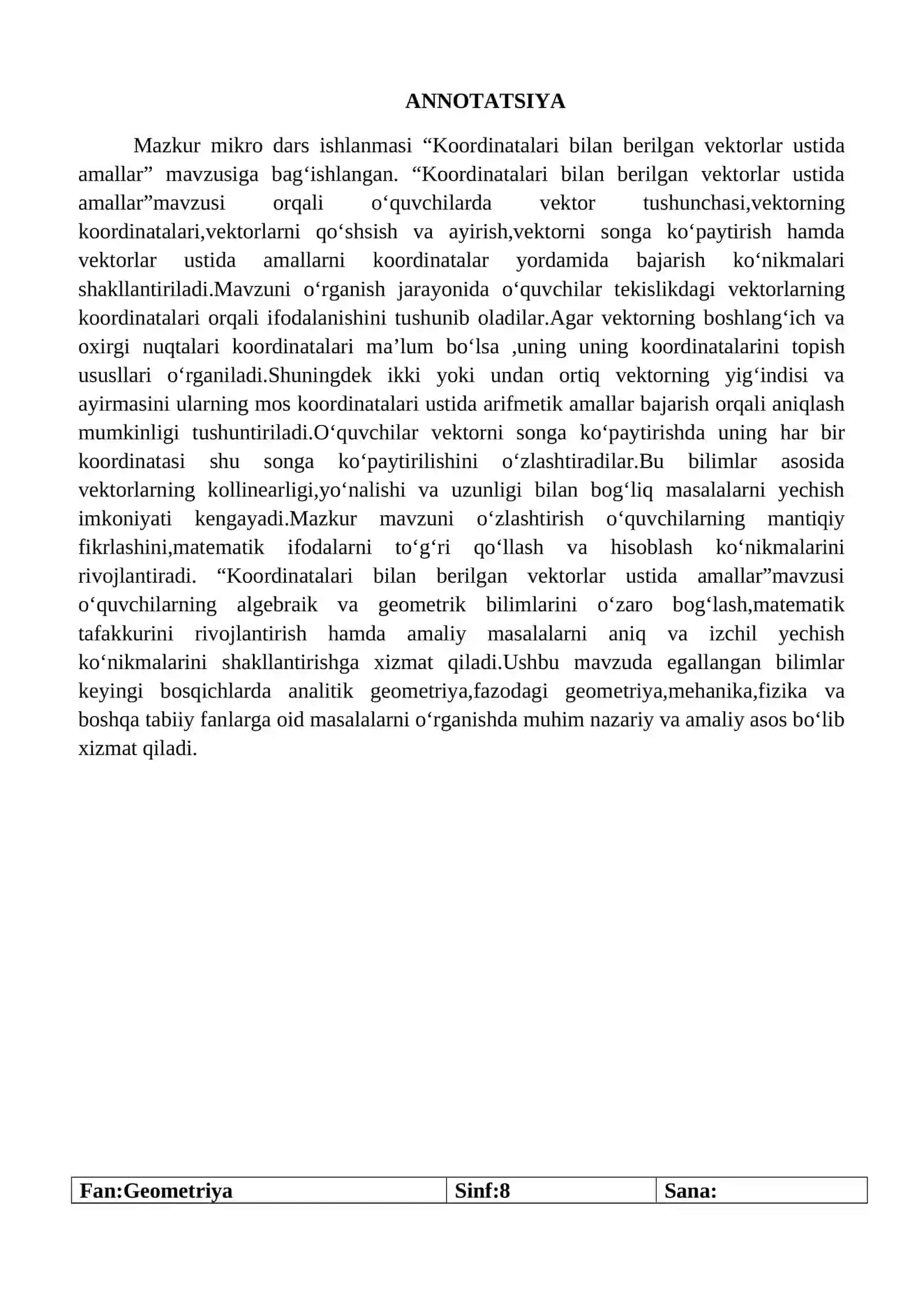 Koordinatalari bilan berilgan vektorlar ustida amallar (8-sinf) 2