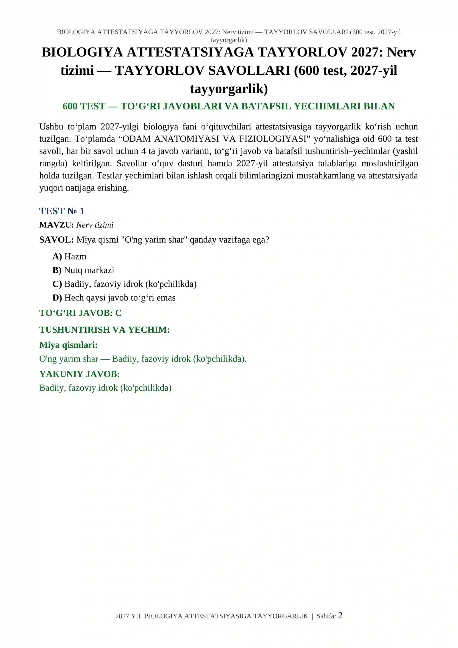 BIOLOGIYA ATTESTATSIYAGA TAYYORLOV 2027: Nerv tizimi — TAYYORLOV SAVOLLARI (600 test, 2027-yil tayyorgarlik) 2