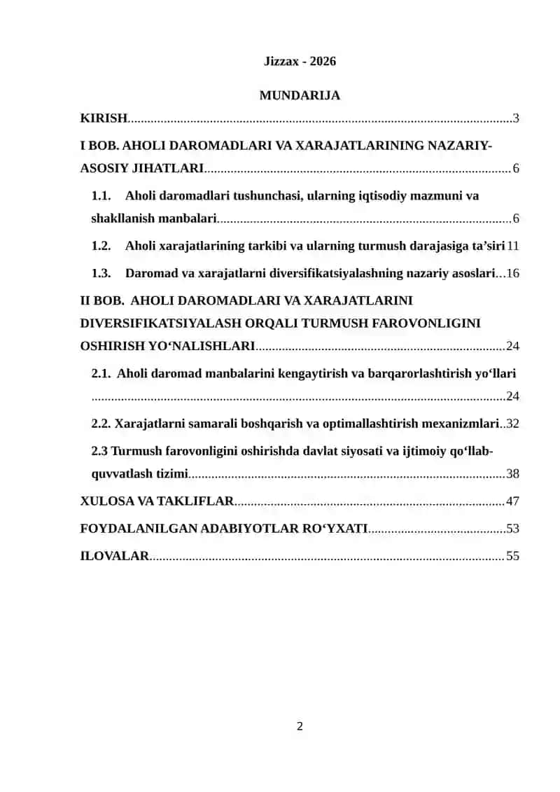 Aholi daromadlari va xarajatlarini diversifikatsiyalash orqali turmush farovonligini oshirish yo'nalishlari 2