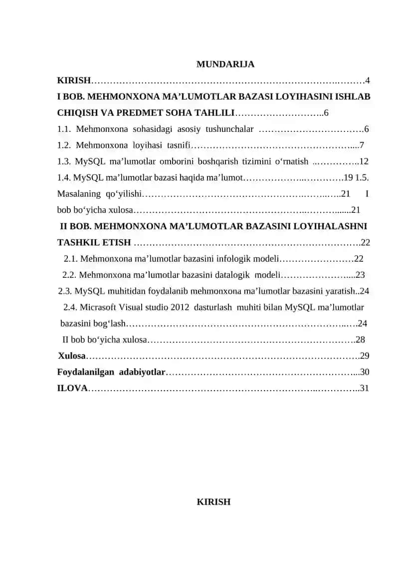 Mehmonxona ma’lumotlar bazasini loyihalash 2