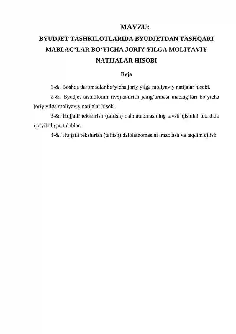 BYUDJET TASHKILOTLARIDA BYUDJETDAN TASHQARI MABLAG‘LAR BO‘YICHA JORIY YILGA MOLIYAVIY NATIJALAR HISOBI 2