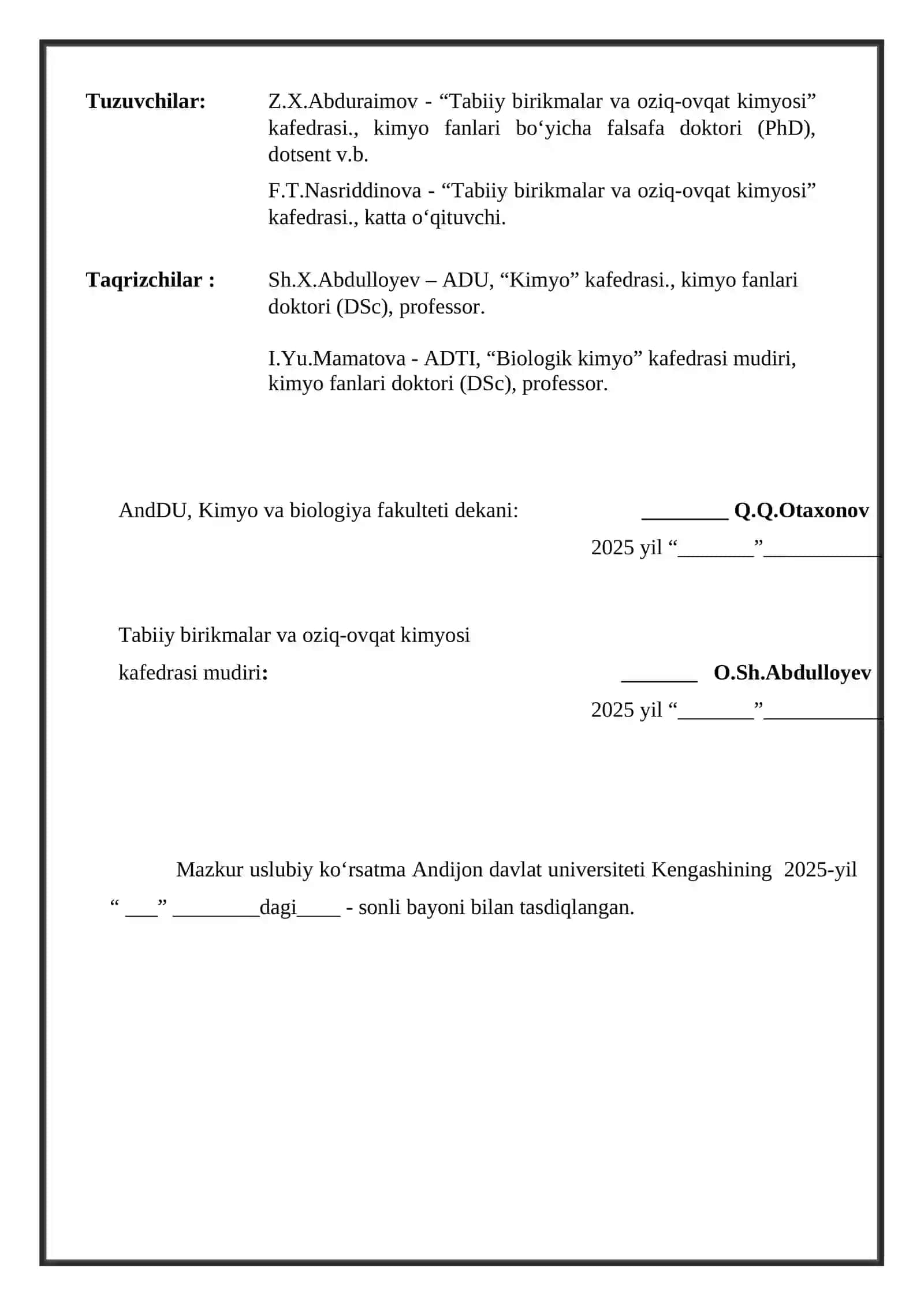 Kimyo va Biologiya Fakulteti Talabalarning Mustaqil Ta'limini Tashkil Etish Bo'yicha Uslubiy Ko'rsatma 2