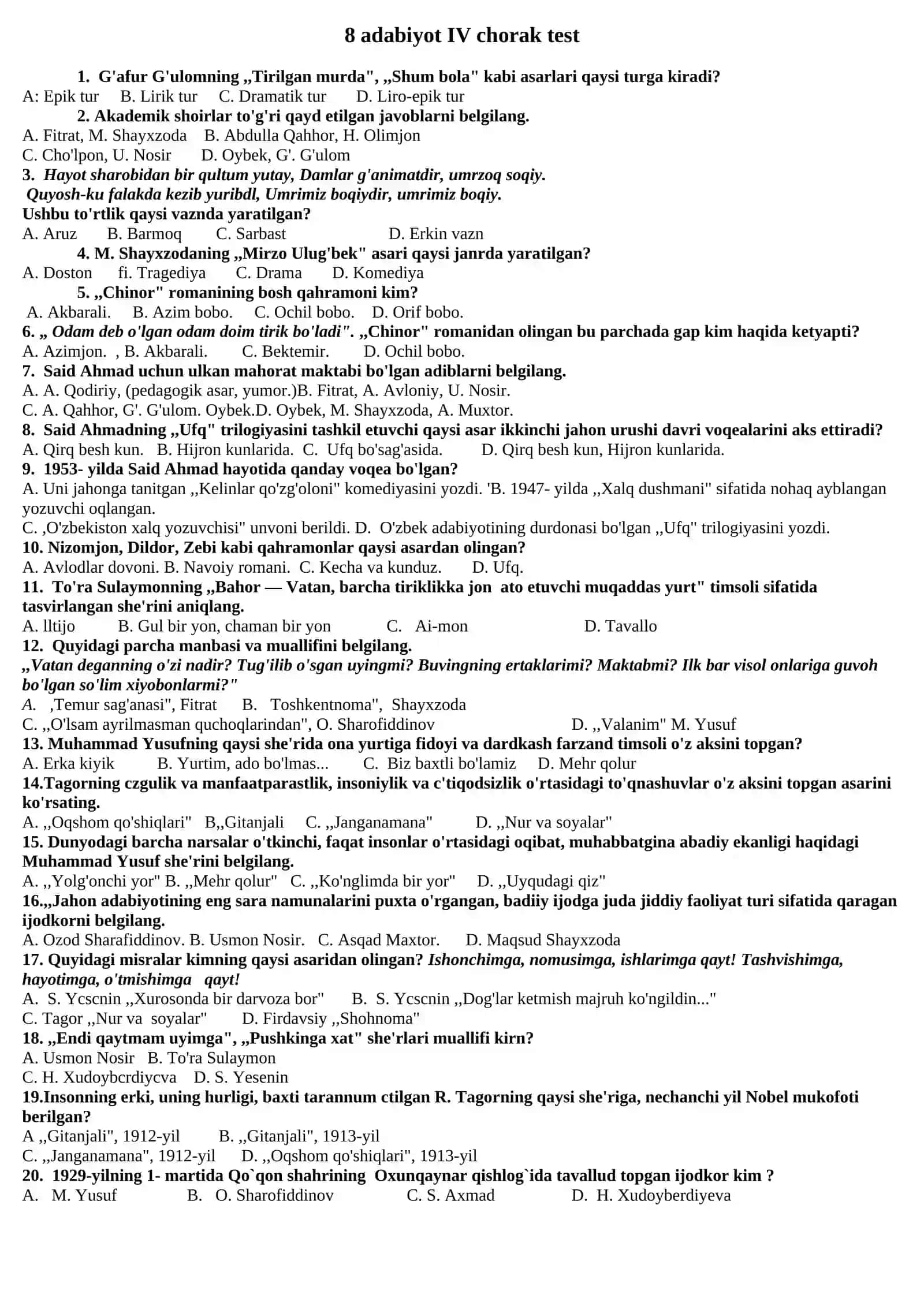 8 adabiyot IV chorak test 2