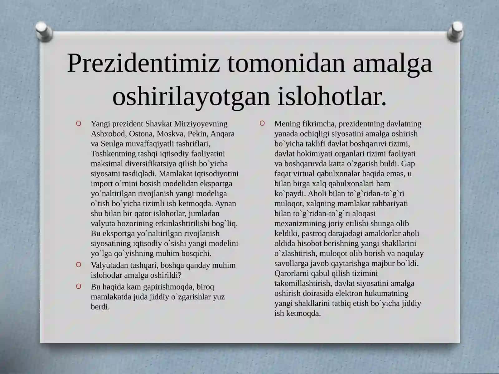 O`ZBEKISTONDA AMALGA OSHIRALOYGAN ISLOHOTLARNING YANGI BOSQICHLARI 2