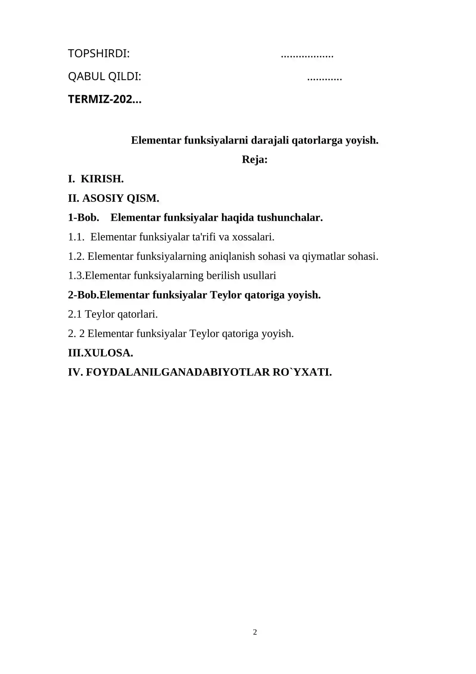 Elementar funksiyalarni darajali qatorlarga yoyish 2