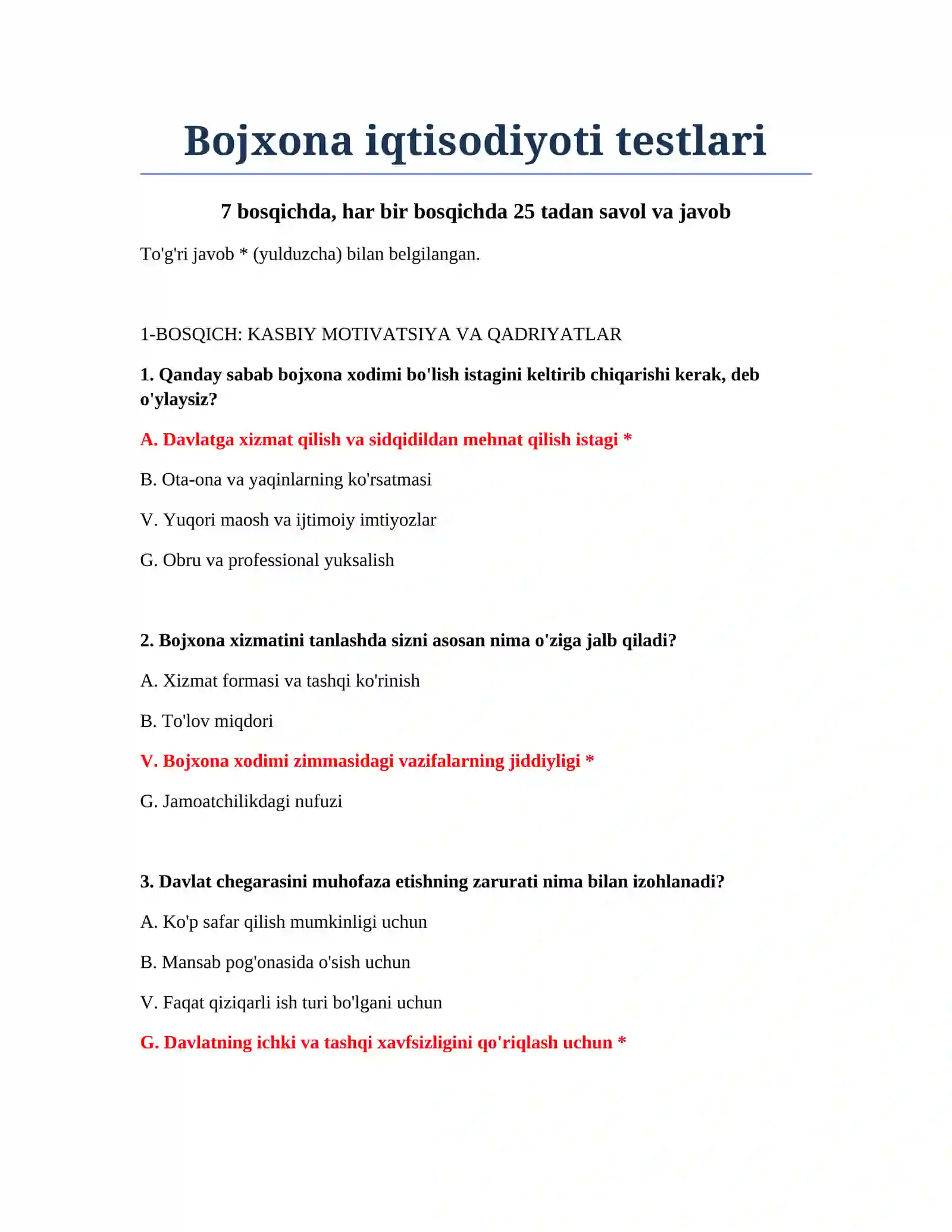 Bojxona iqtisodiyoti testlari 2