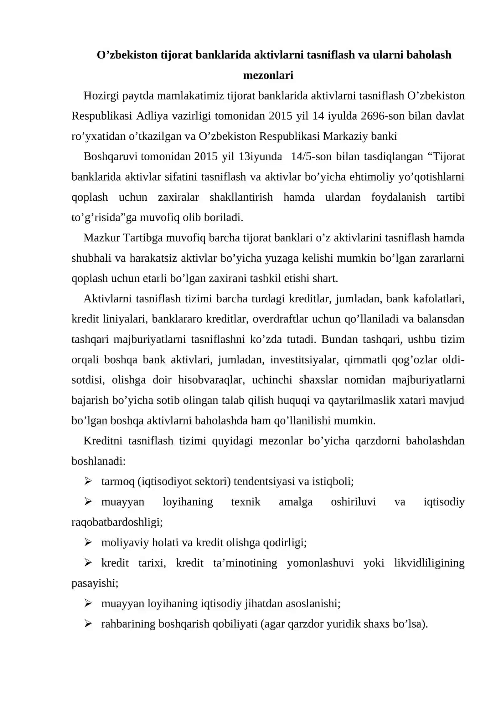 Bank kreditlarini tasniflash zaxiralar tashkil etish tartibi 2 2