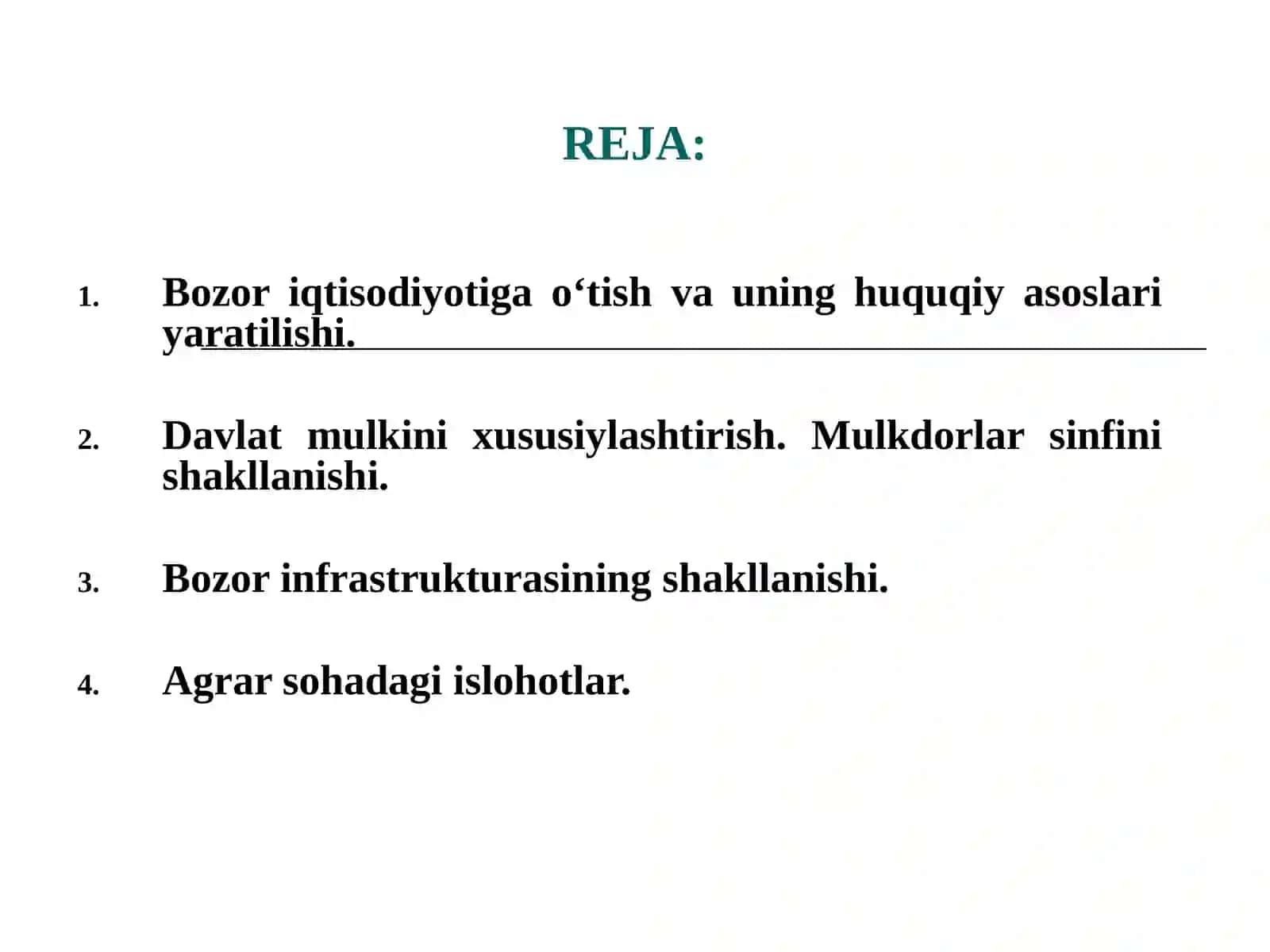 Iqtisodiy islohotlar, xususiy mulkchilikning shakllanishi. o‘zbekistonda bozor munosabatlarining rivojlanishi 2