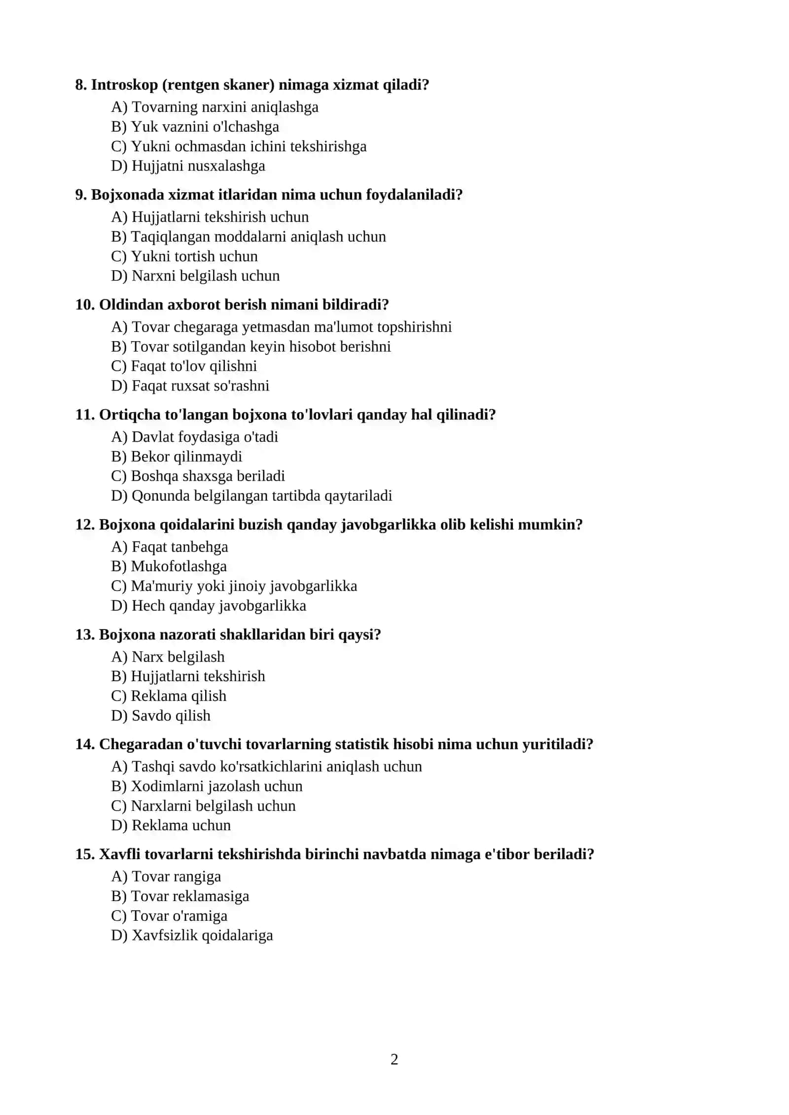 Bojxona Qo'mitasi ishiga kirish uchun Mashq Savollari 2