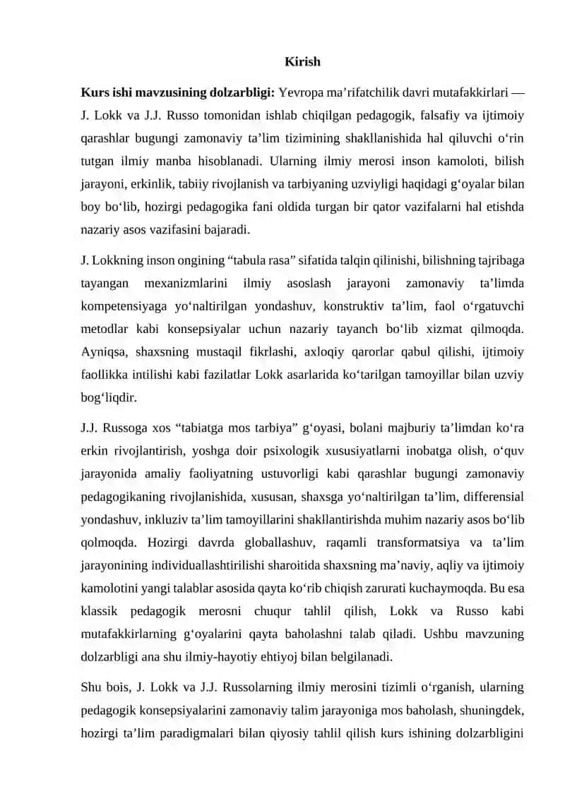 Yevropa ma’rifatchilik davri mutafakkirlari — J. Lokk va J.J. Russolarning ilmiy merosida tahlili 2