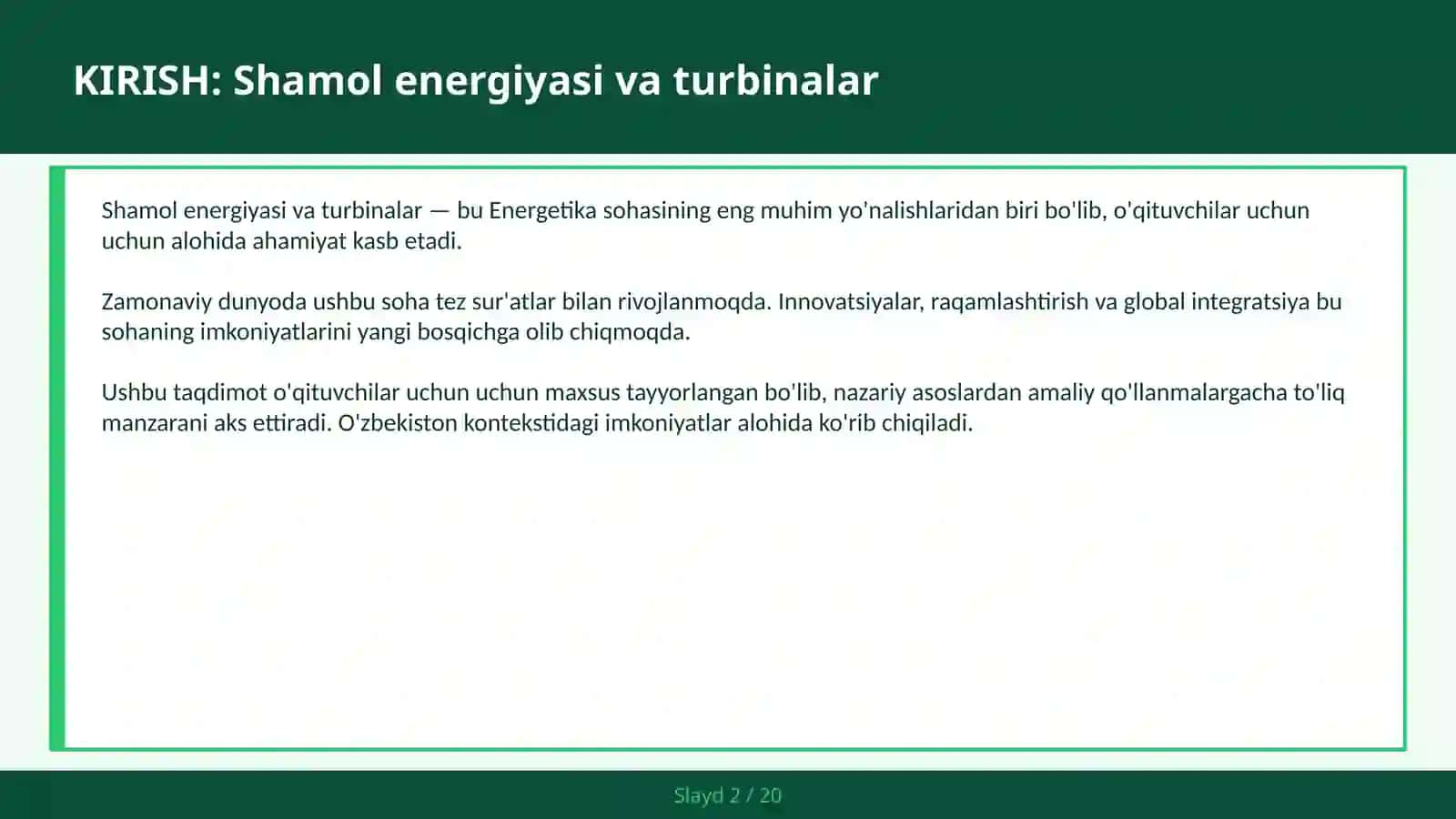 Shamol energiyasi va turbinalar 2