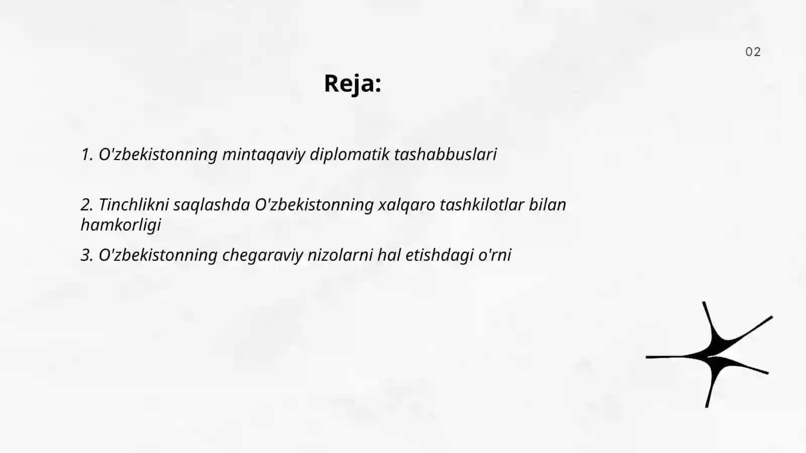 O'zbekistonning Markaziy Osiyoda tinchlik va barqarorlikni ta'minlashdagi o'rni mavzusida 2