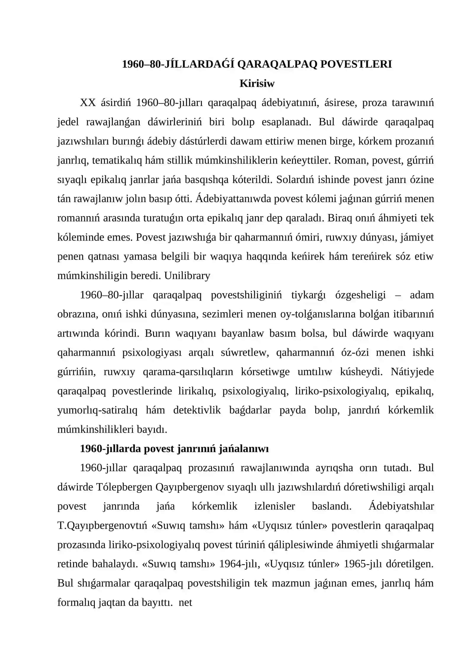 1960–80-jıllardaǵı qaraqalpaq povestleri (A.Bekimbetov shıǵarmaları) 2