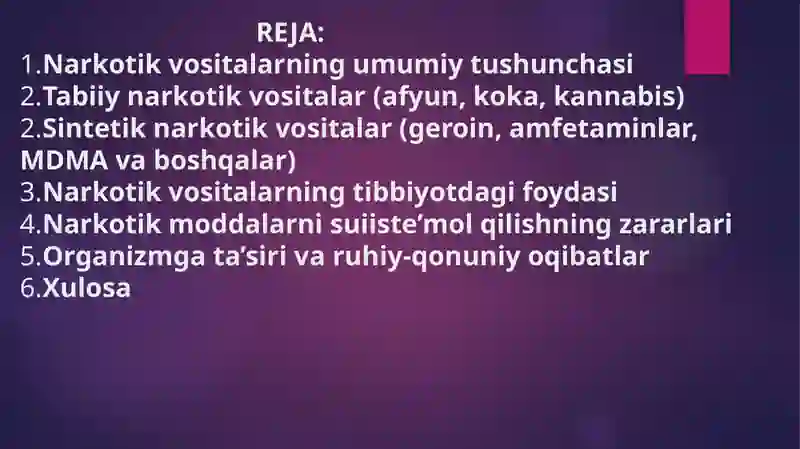 Tabiiy va sintetik narkotik vositalar. Foydasi va zarari 2