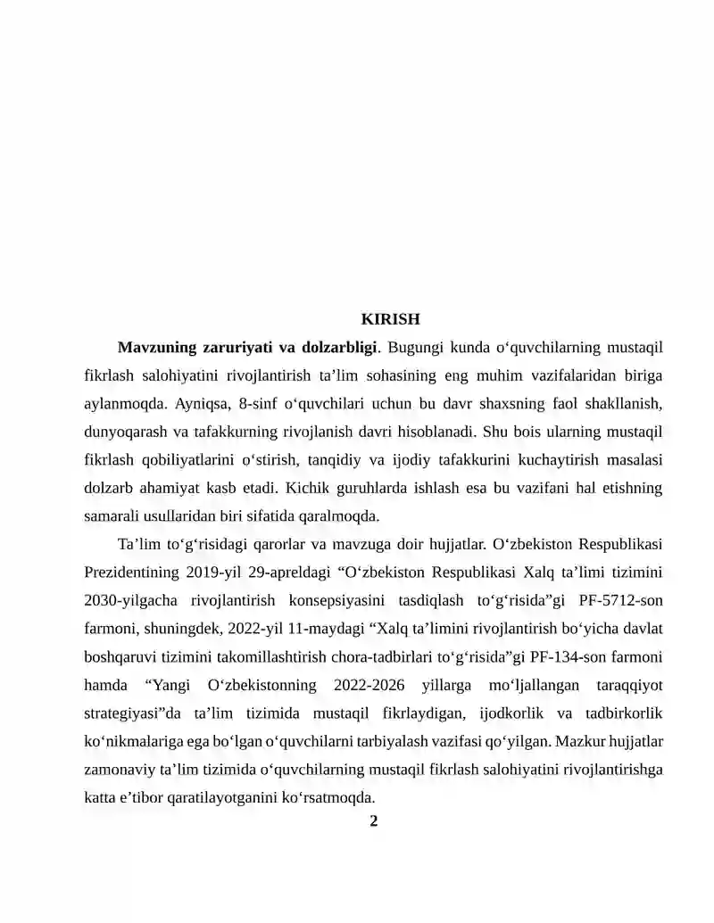 8-sinf o'quvchilarining mustaqil fikrlash salohiyatini o'stirishda kichik guruhlarda ishlashni tashkil qilish 2