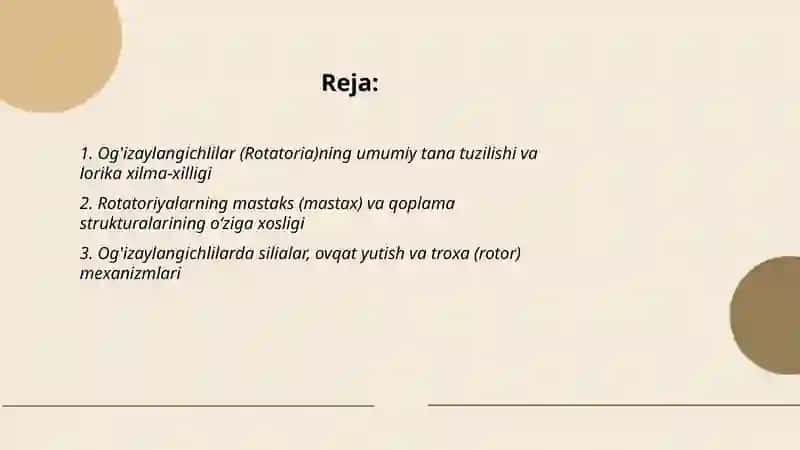 Og'izaylangichlilar (Rotatoria), Kinorinxlar (Kinorhyncha), Priapulidalar (Priapulida), Tikanboshlilar (Acanthocephales) va Lorisiferalar (Loricifera) tiplari vakillarining o'ziga xos tuzilish belgilari va xilma-xilligi 2