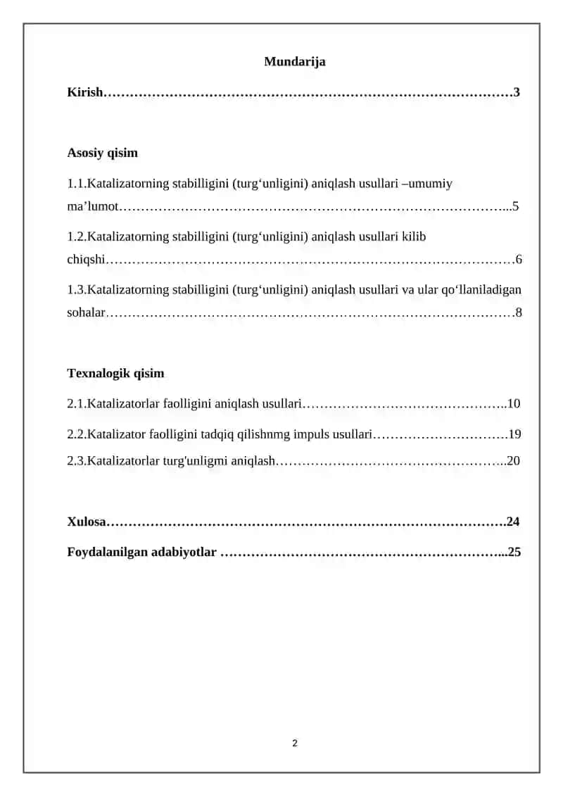 Katalizatorning stabilligini (turg‘unligini) aniqlash usullari 2