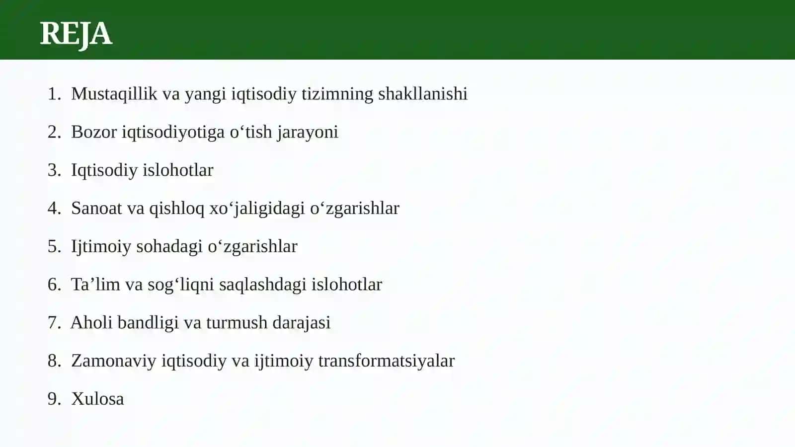 O‘zbekiston Respublikasida mustaqillikdan so‘ng ijtimoiy-iqtisodiy o‘zgarishlar 2