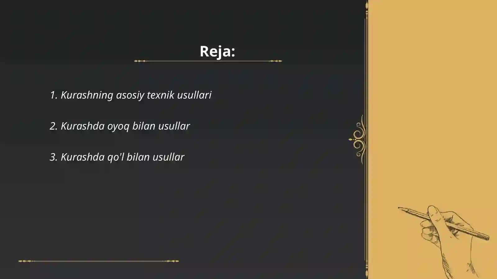 Kurash boyinsha texnikaliq usullardin orinlaniwi haqqinda tusinik 2