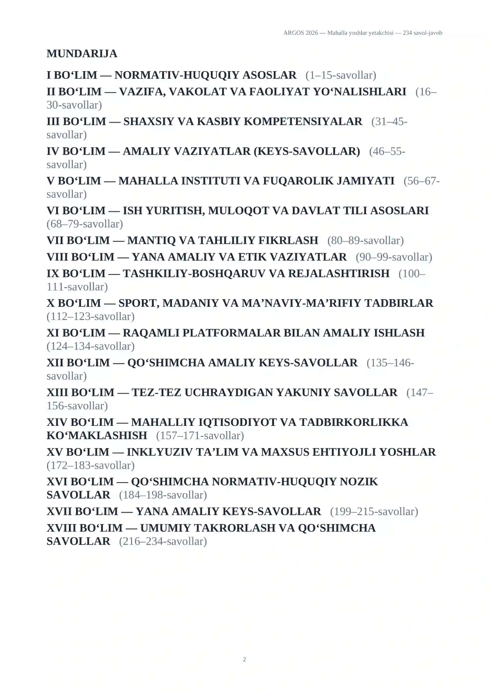 ARGOS 2026 - Mahalla yoshlar yetakchisi - 234 savol-javob 2