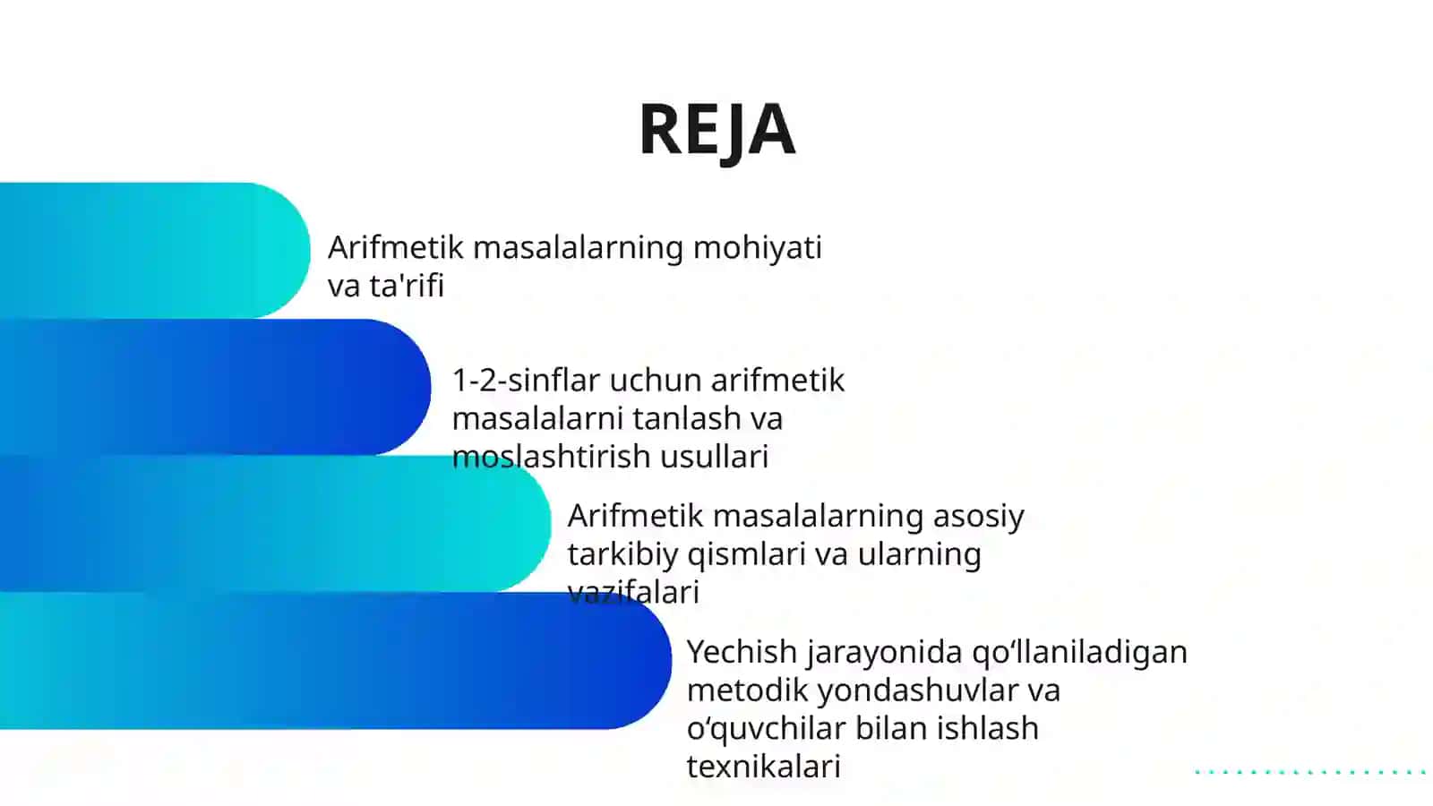 ARIFMETIK MASALALAR YECHISHGA OʻRGATISH METODIKASI.MASALA VA UNING TARKIBI.1-2-SINFLAR MISOLIDA 2