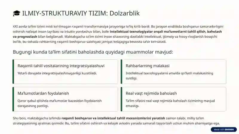Maktabgacha ta’limda raqamli boshqaruv: Ta’lim sifatini baholashda intellektual texnologiyalar 2