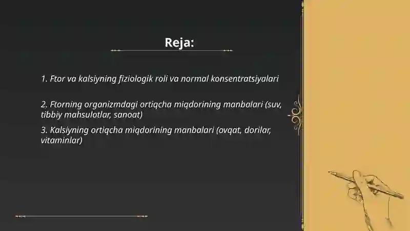 Mikroelementozlar.Ftor,kalsiy,miqdorlarining oshib ketishi 2