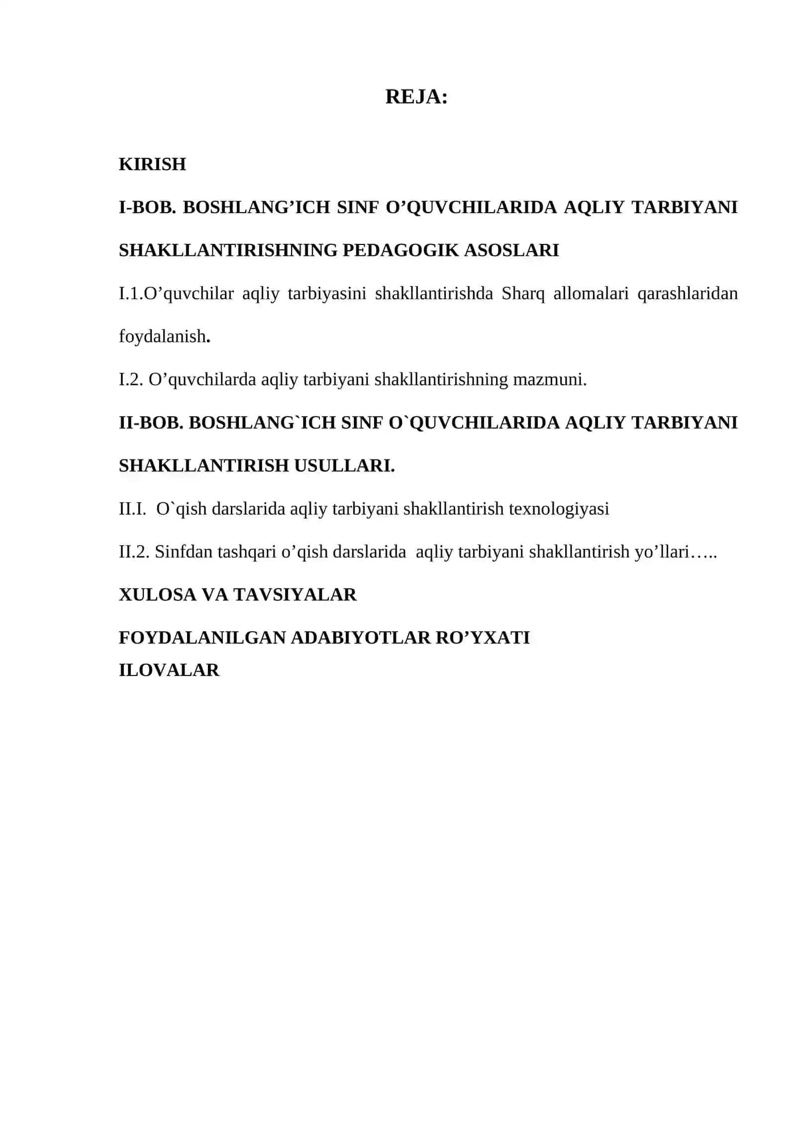 "Boshlang’ich sinf o’quvchilarida aqliy tarbiyani shakllantirish yo’llari (o’qish darslari misolida)" BITIRUV MALAKAVIY ISHI 2