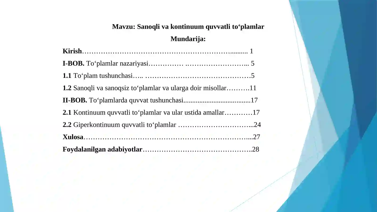 MATEMATIK ANALIZ FANIDAN SANOQLI VA KONTINUUM QUVVATLI TO'PLAMLAR 2