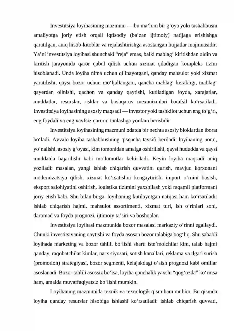 Investitsiya loyihalarini tayyorlash va tahlil qilish 2