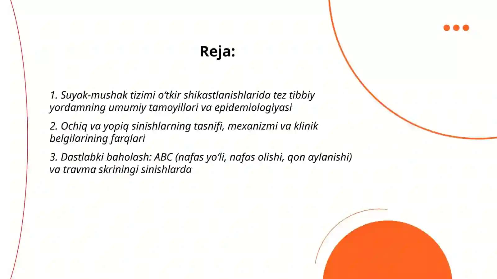 Suyak-mushak tizimi o'tkir shikastlanishlarida tez tibbiy yordamning umumiy tamoyillari va epidemiologiyasi 2