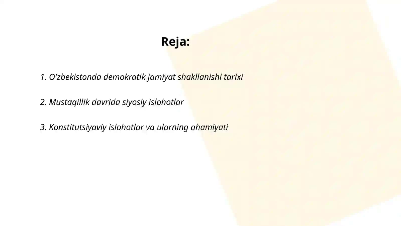 O'zbekistonda demokratik jamiyati asoslarining shakillanishi,amalga oshirilishi,siyosiy islohatlar 2