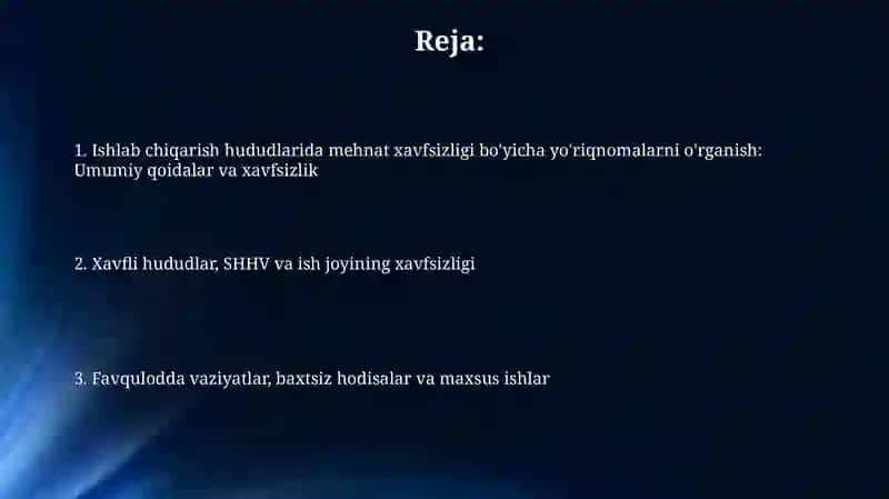 Ishlab chiqarish maydonlarida mehnat xavfsizligi to'g'risida yo'riqnomalar 2