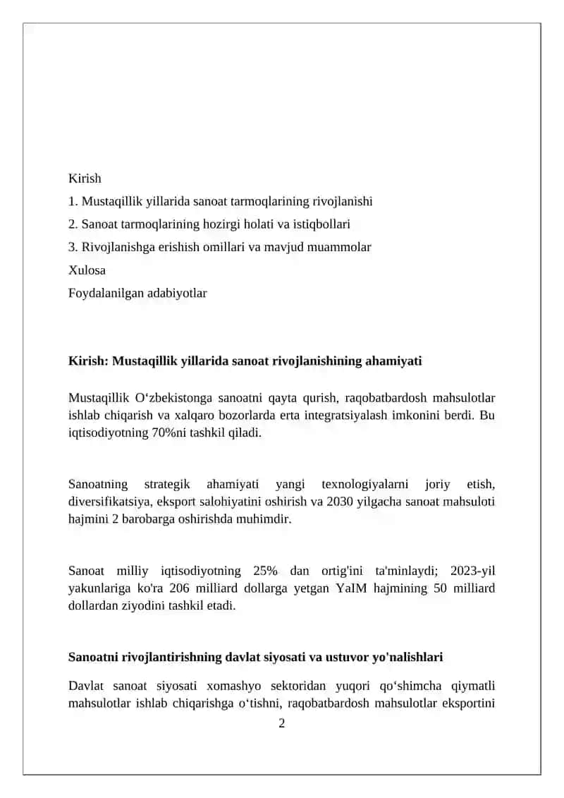 Mustaqillik yillarida sanoat tarmoqlarining rivojlanishi 2