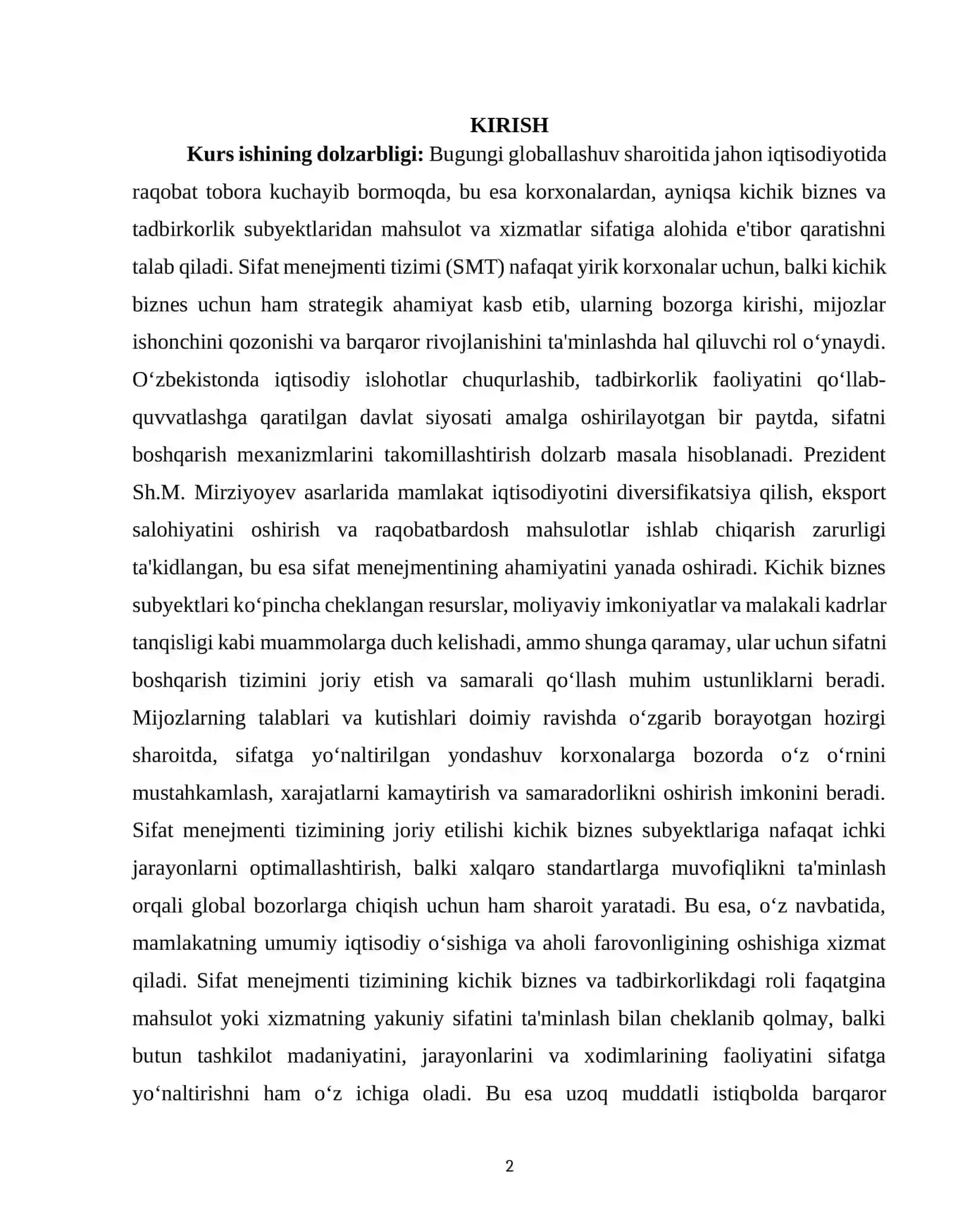 "SIFAT MENEJMENTI TIZIMINING KICHIK BIZNES VA TADBIRKORLIKDAGI ROLI." 2
