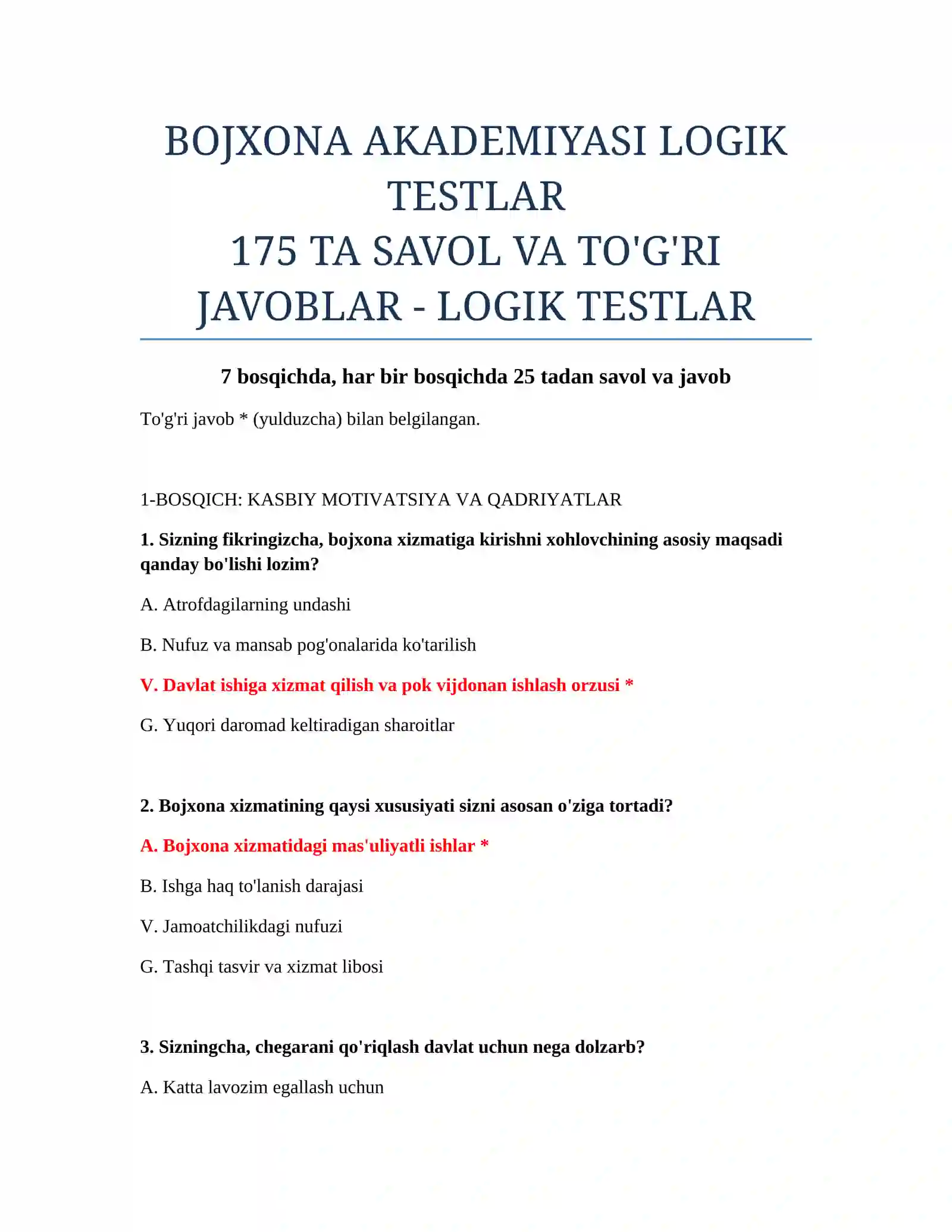 BOJXONA AKADEMIYASI LOGIK TESTLAR 2