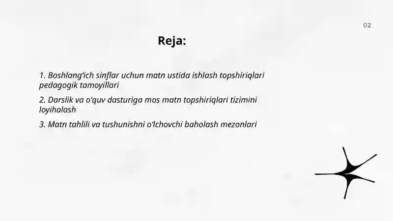 Boshlangʻich sinflar kesim8da matn ustida ishlash boʻyicha topshiriqlar tizimini ishlab chiqish 2